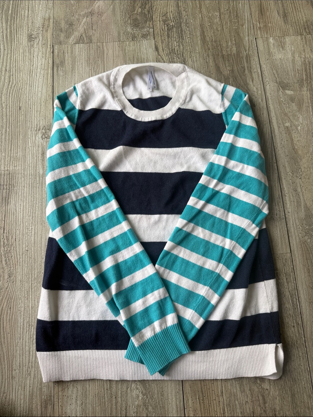 Striped Crewneck Sweater in Teal, Navy & White